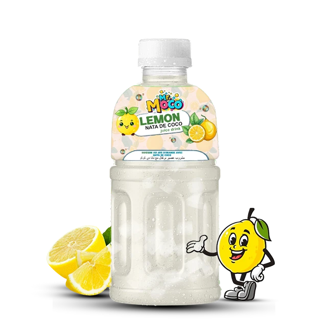 Mr. Moco Lemon Nata de Coco juice drink bottle with a cheerful lemon character and fresh lemon slices.